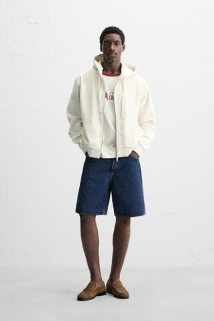 ZARA БАЗОВОЕ ХУДИ НА МОЛНИИ С КАПЮШОНОМ, ЖЕЛТОВАТО-БЕЛЫЙ