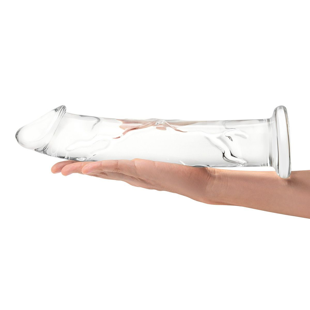Большой стеклянный стимулятор 12’’ Glass Dildo With Veins & Flat Base - 28 см. (Цвет: прозрачный)