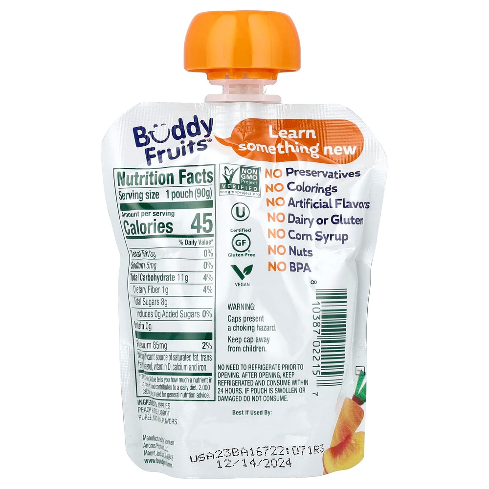 Buddy Fruits, Смесь фруктов и овощей, персик, морковь и яблоко, 90 г (3,2 унции)