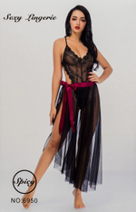 Кружевное боди с длинной юбкой на атласной ленте (Размер: S-M-L) (Цвет: черный)