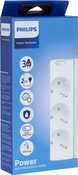 Philips сетевой фильтр 3 Розетки, кабель - 2M белый