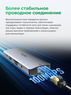 Type-C хаб 10 в 1 VegGieg | HDMI 4K, USB 3.0/2.0, PD 100W, RJ45, SD/TF | Без драйверов | Алюминиевый корпус