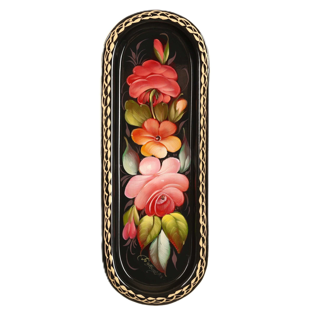 Жостовский поднос декоративный, размер 21х8 см (A4), металлический