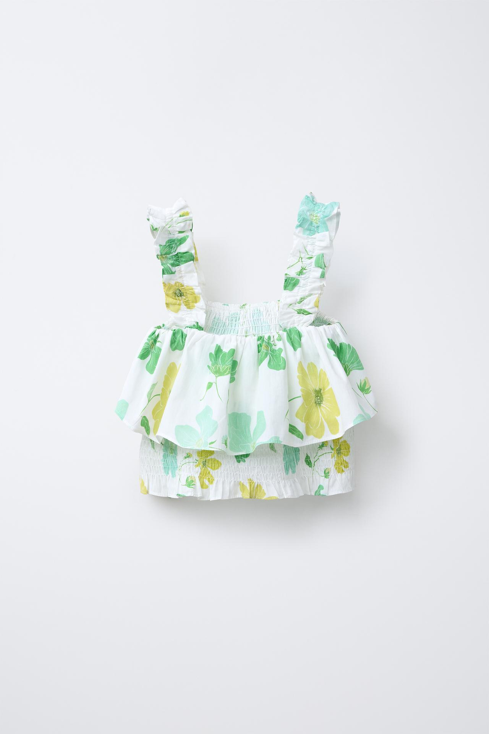 ZARA ТОП ИЗ ТКАНИ С ЦВЕТОЧНЫМ ПРИНТОМ И ВОЛАНАМИ, ЭКРЮ/ЗЕЛЕНЫЙ