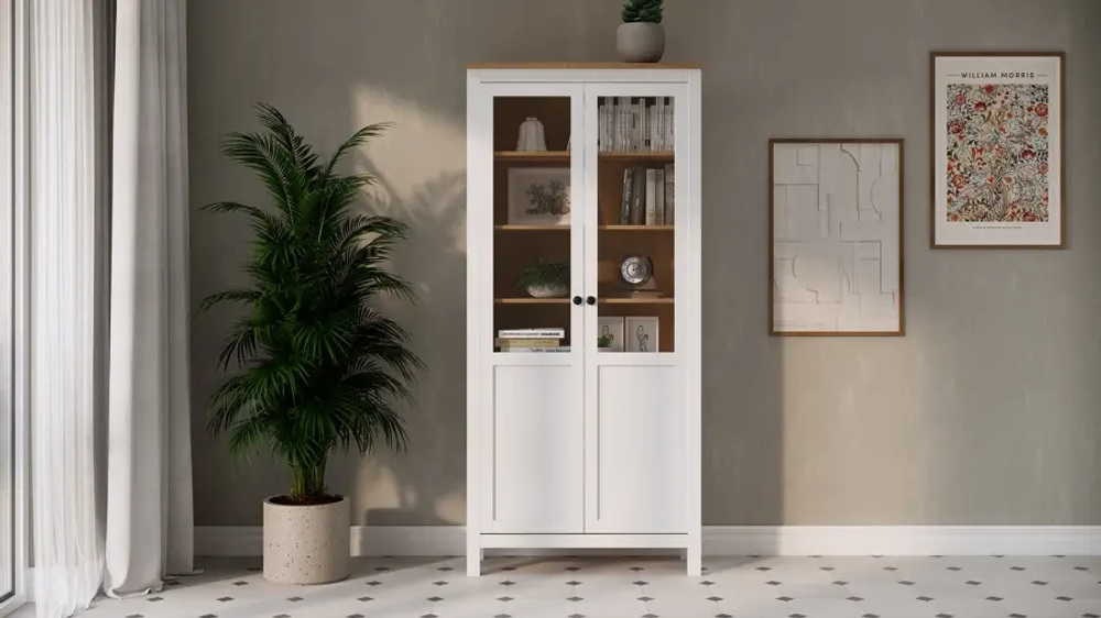 Шкаф-витрина стекло/панель - аналог IKEA HEMNES / ХЕМНЭС/ ХЕМНЕС / КЫМОР / ИКЕА 90х198х37 см, белый/светло-коричневый