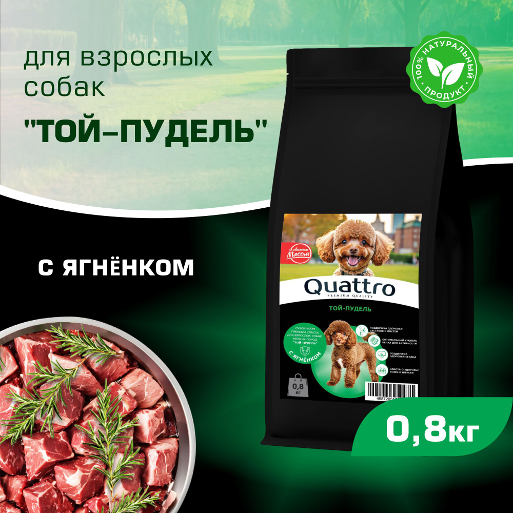 Корм сухой для взрослых собак породы Той-пудель, с ягненком, 800 гр, QUATTRO