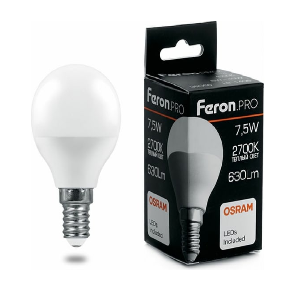 Feron.PRO Лампа св/д шар G45 E14 7.5W 630lm 2700K 2K матовый 81x48 OSRAM LED LB-1407 38071