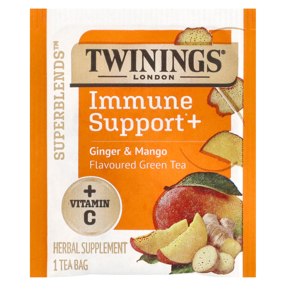 Twinings, Superblends ™, поддержка иммунитета и зеленый чай, имбирь и манго, 16 чайных пакетиков, 32 г (1,12 унции)