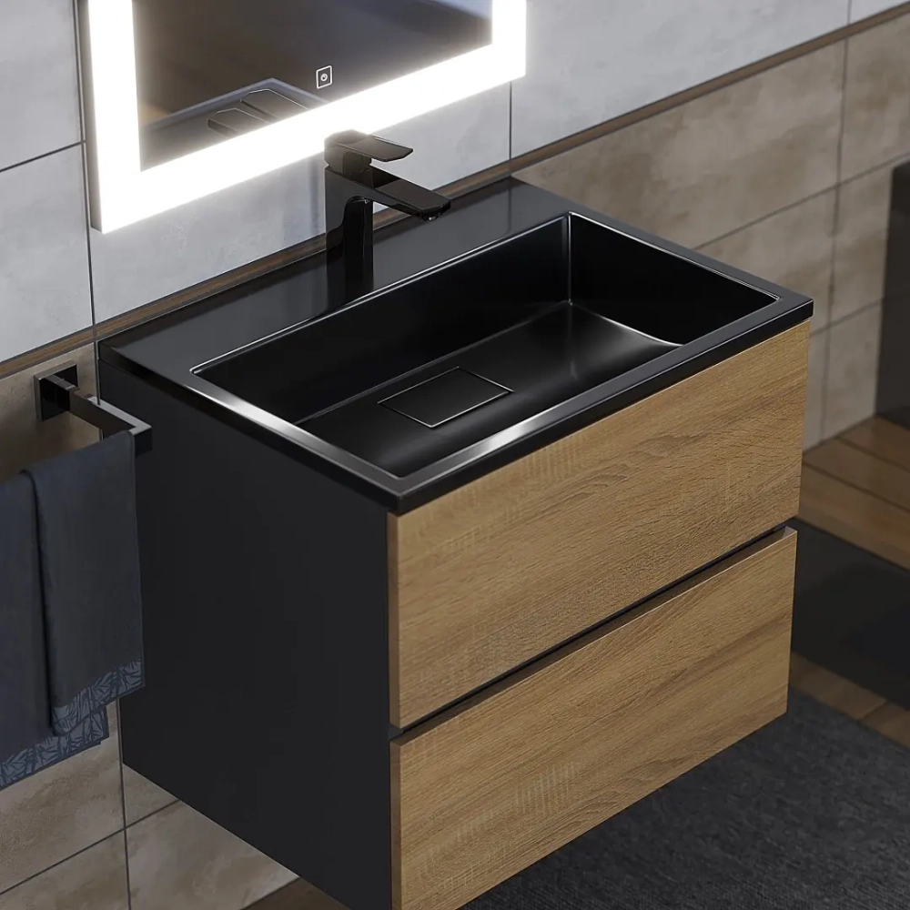 Тумба с раковиной Uperwood Barsa 60 см, раковина черная глянцевая, подвесная тумба черная/дуб сонома