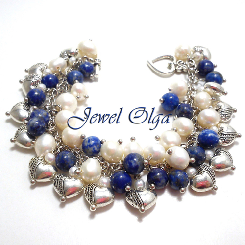 Браслет "Вальс сердец" с жемчугом и лазуритом