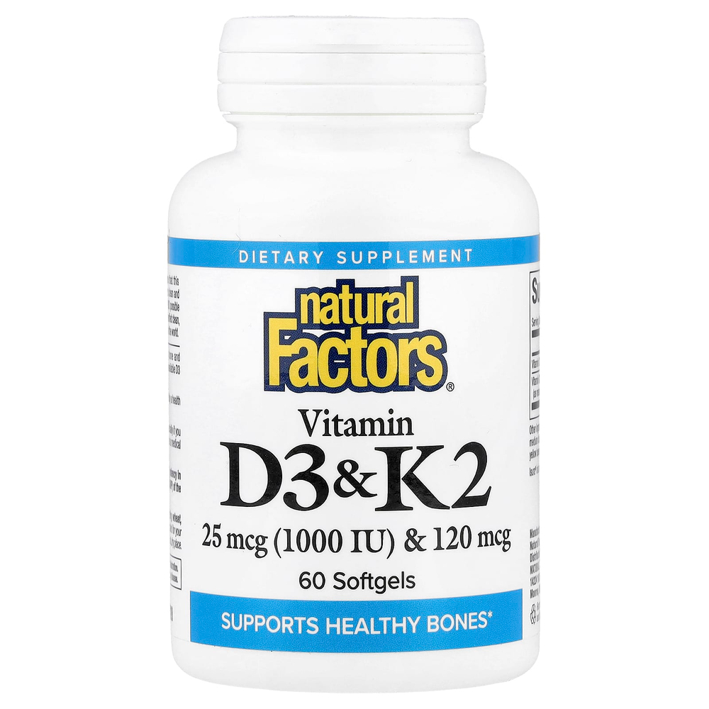 Natural Factors, витамины D3 и K2, 25 мкг (1000 МЕ) и 120 мкг, 60 капсул