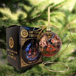 Шар новогодний (круговая роспись Палех) "Кот в сапогах" №2 в коробке