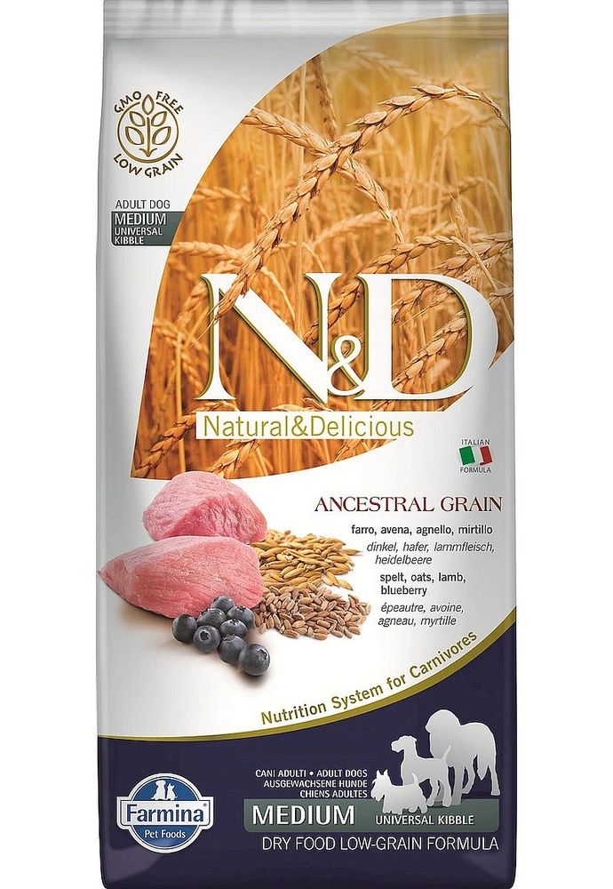 Сухой низкозерновой корм N&amp;D Low Grain для собак с ягненком и черникой 12кг