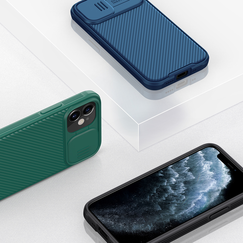 Чехол синего цвета на iPhone 12 mini от Nillkin CamShield Pro Case с защитной шторкой для задней камеры