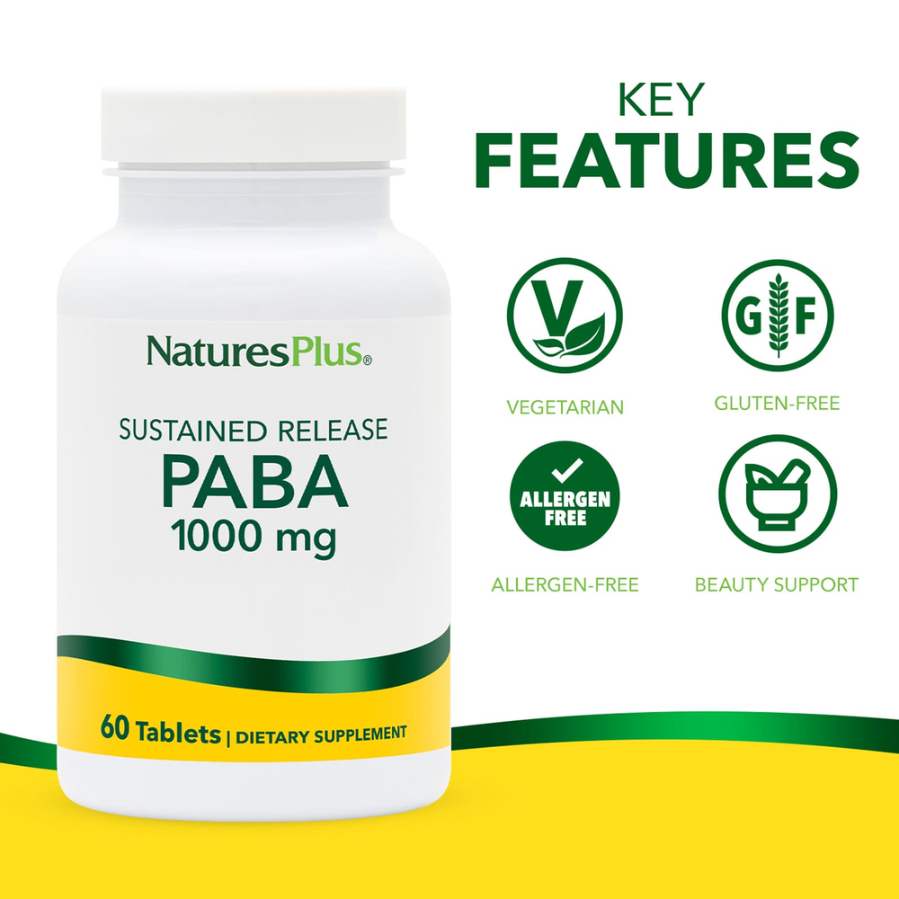 NaturesPlus, ПАБК, длительное высвобождение, 1000 мг, 60 таблеток