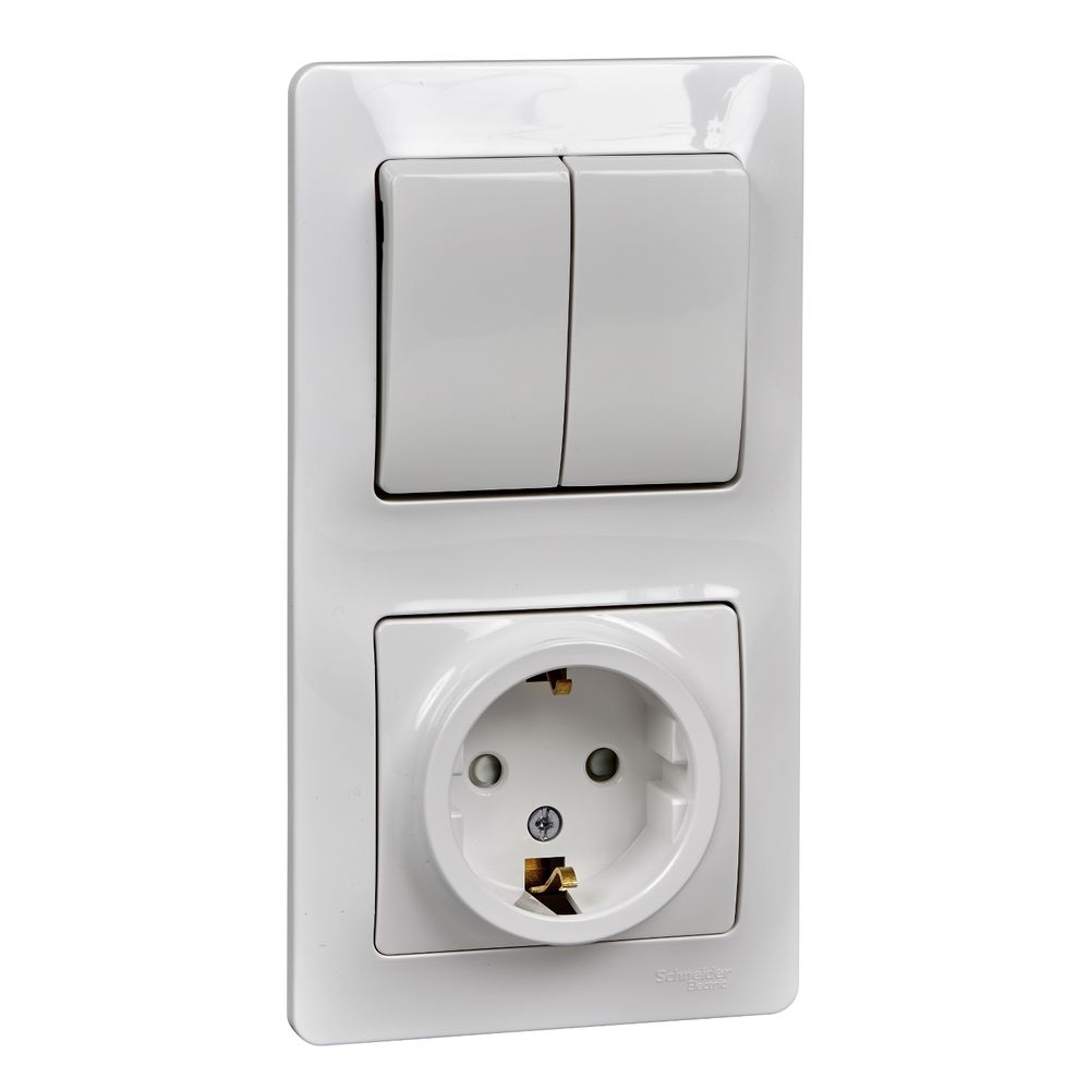 Schneider Electric Glossa Белый Блок: розетка с заземляющими контактами со шторками и 2-клавишный выключатель IP20 скрытая установка GSL000174