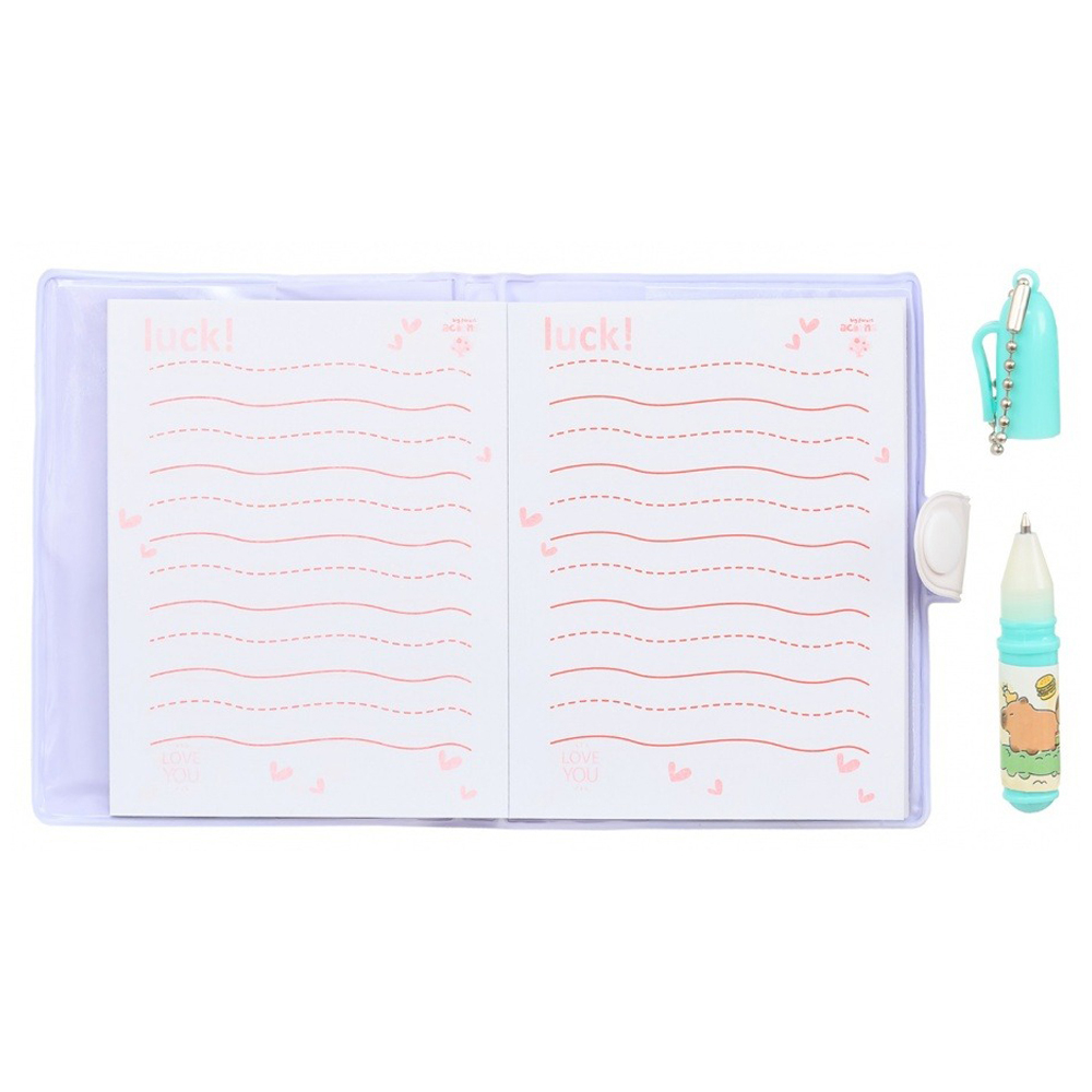 Блокнот детский Basir на кнопке, с ручкой, формат А7, серия "Капибара", размер 10.3*8 см