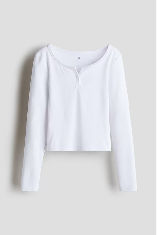 H&M Трикотажный топ с длинным рукавом, белый