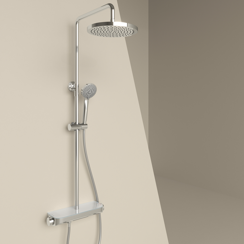 Душевая стойка Sancos Teo с термостатом, изливом и полкой, хром, SC11002CH