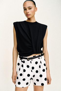 ZARA ШОРТЫ-БЕРМУДЫ С ВЫСОКОЙ ПОСАДКОЙ И РЕМНЕМ, БЕЛЫЙ/ЧЕРНЫЙ