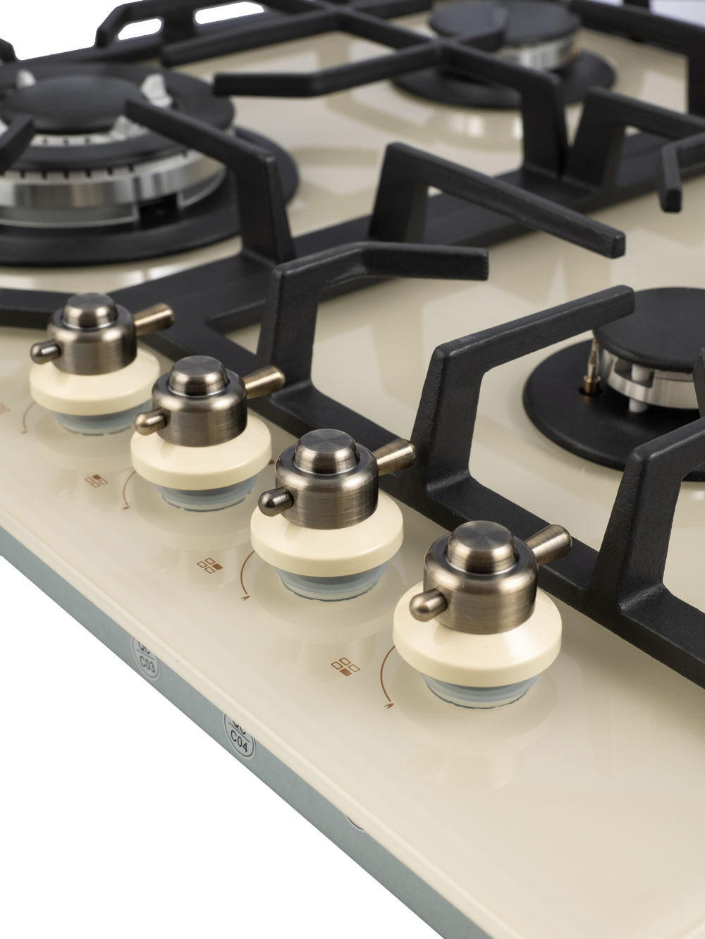 Газовая варочная панель Macbi MBH64WFGI.V2-IV с Wok-конфоркой, Бежевое закаленное стекло, Электроподжиг, Газ-контроль, Решетки из чугуна