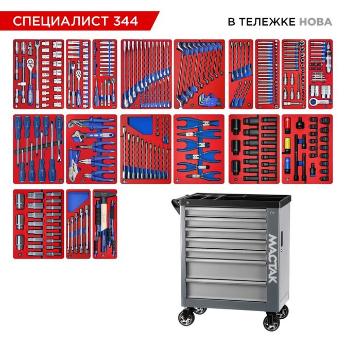 МАСТАК (50-07344G) Набор инструментов 344 предмета, "СПЕЦИАЛИСТ 344", в серой тележке