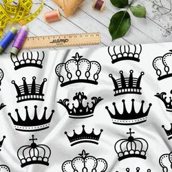 Ткань футер 2-х нитка чёрные короны на бежевом фоне