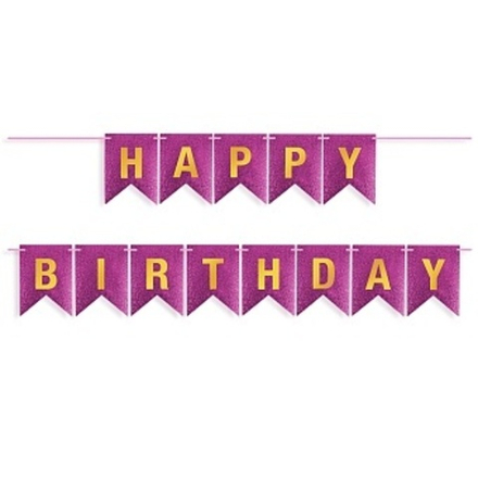Гирлянда Флажки, Happy Birthday, Фуксия/Золото, Металлик, с блестками, 350 см, 17*12 см.
