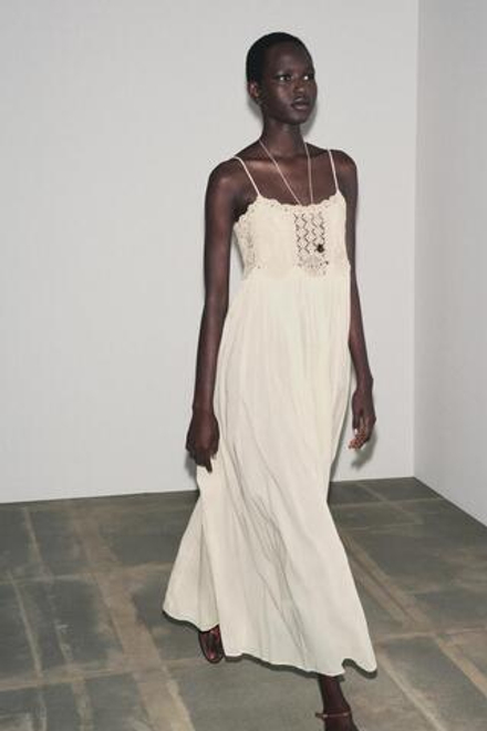 ZARA ПЛАТЬЕ НА БРЕТЕЛЯХ С КРУЖЕВОМ — ZW COLLECTION, ЭКРЮ