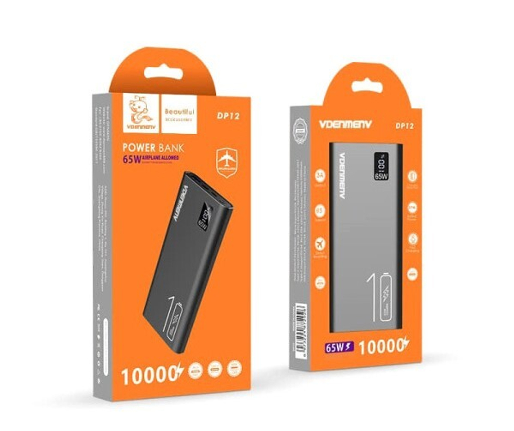 Внешний аккумулятор DENMEN DP12 10000mAh 65W, 3A, MicroUSB/Type-C+USB Black