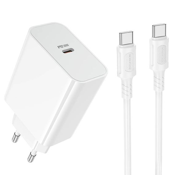 Adapter СЗУ (Сетевое зарядное устройство) BOROFONE BA107A с кабелем Type-C - Type-C, 30W, 1 USB Type C, PD30W, QC3.0, длина 1 метр, цвет белый