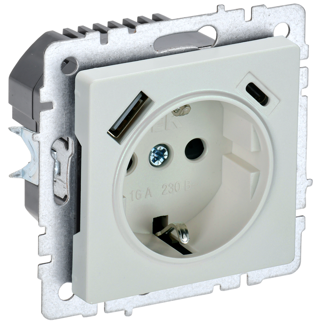 BRITE Розетка 1-местная с заземлением с защитными шторками 16А с USB A+C 18Вт РЮш11-1-БрЖ жемчуг IEK