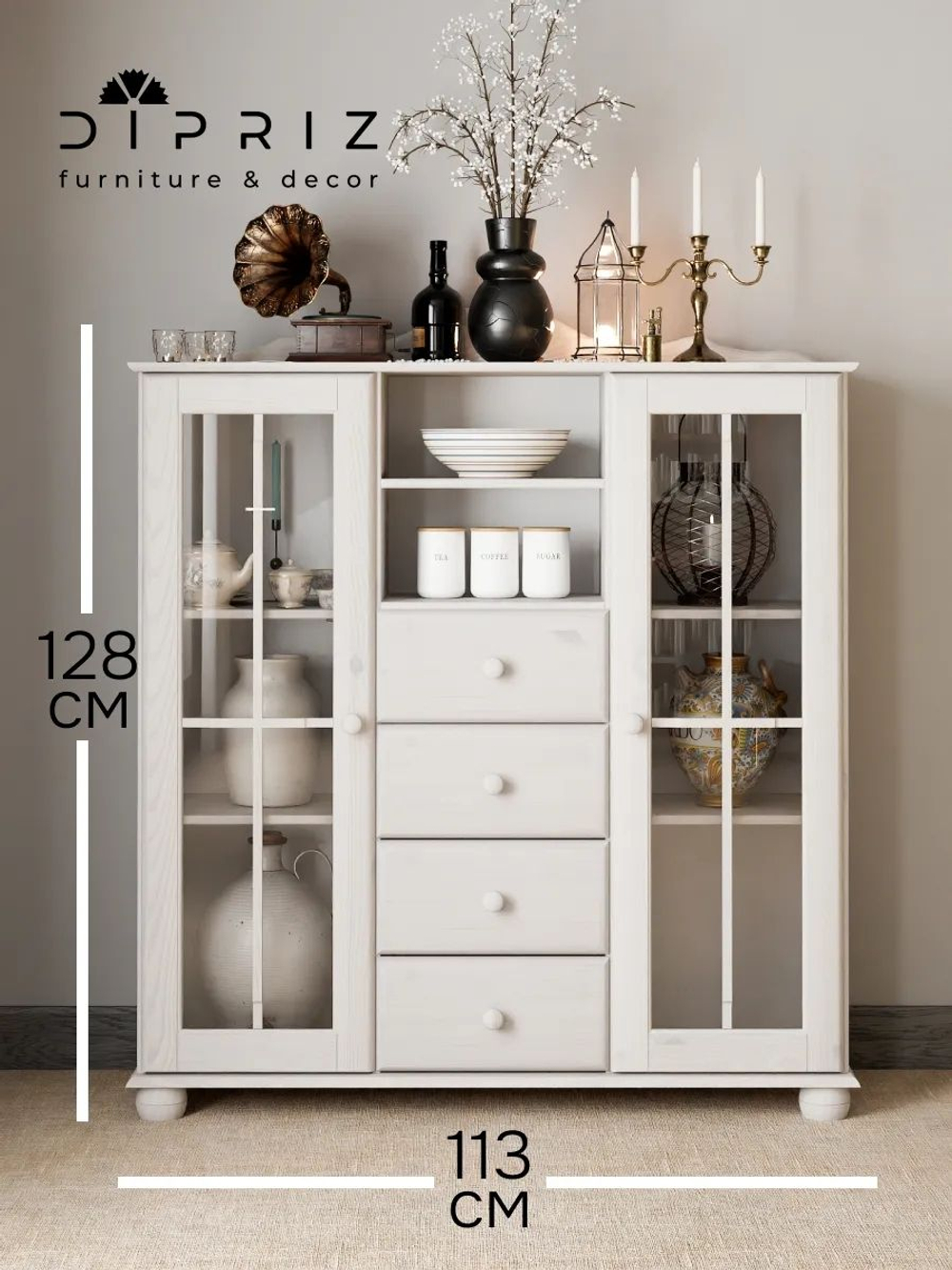 Шкаф витрина 113х32х128, Бритта, сервант, для посуды, двухдверный, белый, стеклянный, с полками, массив сосны, Dipriz