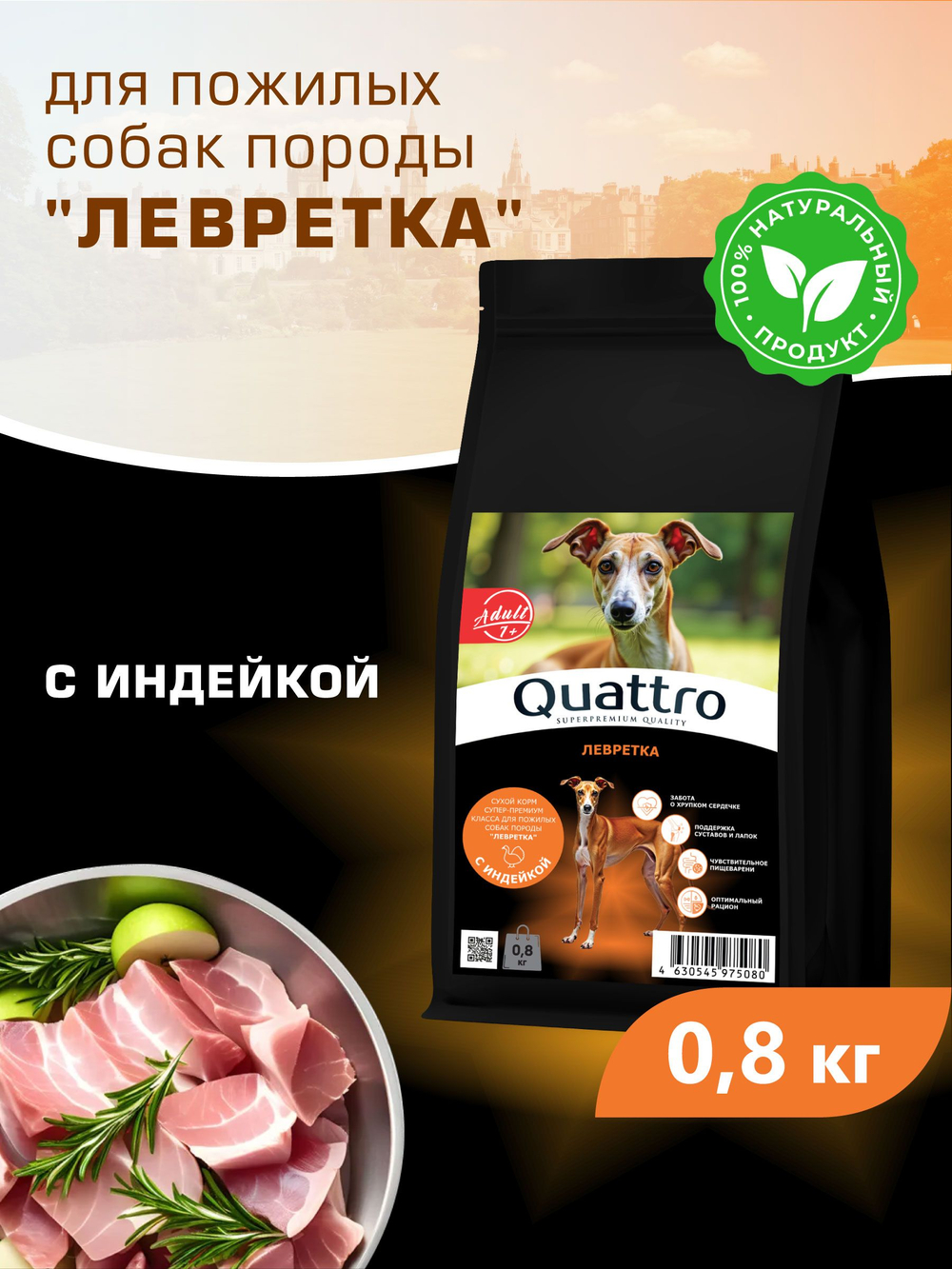 Корм сухой для пожилых собак породы Левретка старше 7 лет, с индейкой, 800 гр, QUATTRO