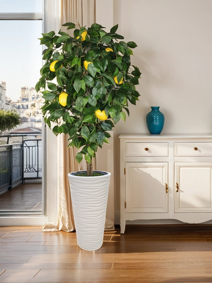 Искусственное дерево Лимон 170 см в высоком круглом белом кашпо