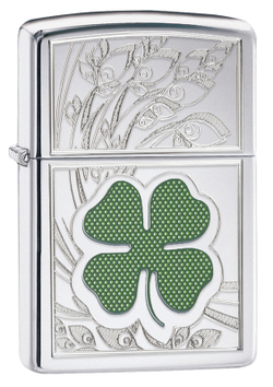 Легендарная классическая американская бензиновая широкая зажигалка ZIPPO Classic High Polish Chrome™  серебристая  из латуни и стали Клевер ZP-24699