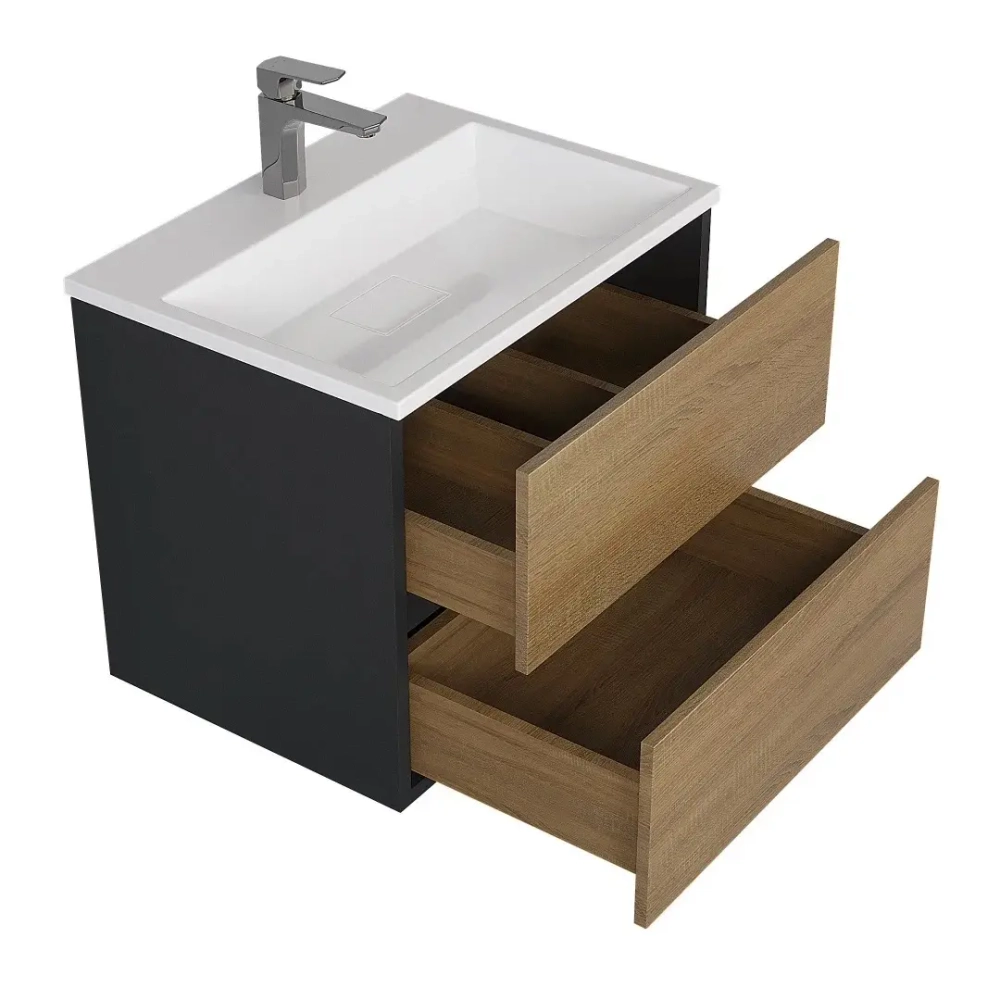 Тумба с раковиной Uperwood Barsa 60 см, раковина белая, подвесная тумба черная/дуб сонома