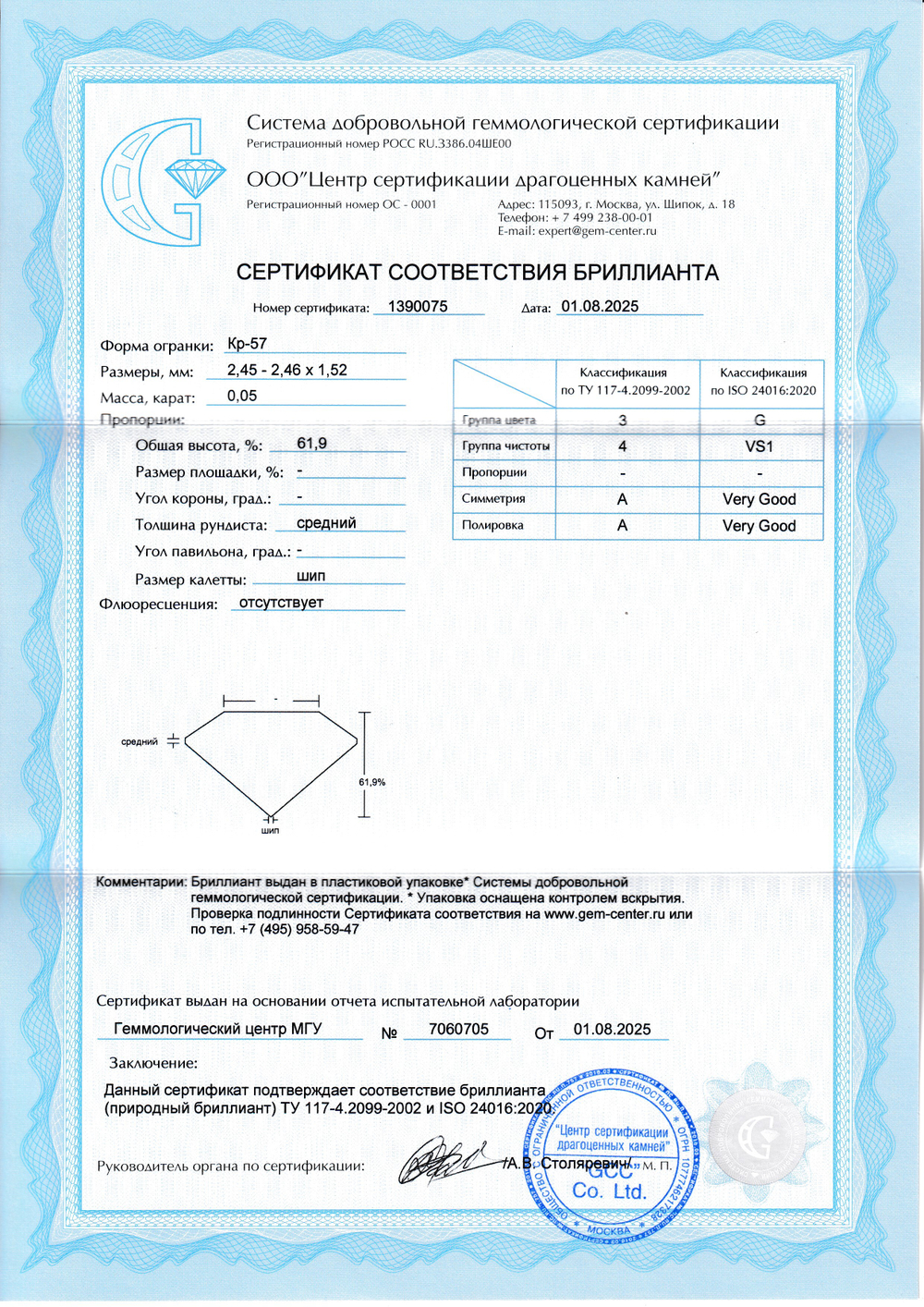 Бриллиант Кр-57 2.45 х 2.46 х 1.52 мм 3/4 0.05 ct
