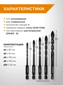 Набор сверл по стеклу и керамике 4 мм 5 мм 6 мм 8 мм 10 мм Quadro-X HEX 5 шт RAGE by VIRA