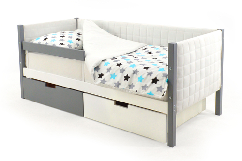 Детская кровать-тахта мягкая с бортиком и ящиками Бельмарко Svogen графит-белый
