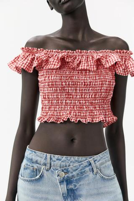 ZARA ТОП В КЛЕТКУ ВИШИ, БЕЛЫЙ/КРАСНЫЙ
