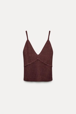 ZARA ТРИКОТАЖНЫЙ ТОП С V-ОБРАЗНЫМ ВЫРЕЗОМ, КОРИЧНЕВЫЙ