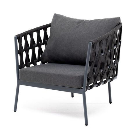 "Диего" кресло плетеное из роупа, каркас алюминий темно-серый (RAL7024) муар, роуп темно-серый круглый, ткань темно-серая 027