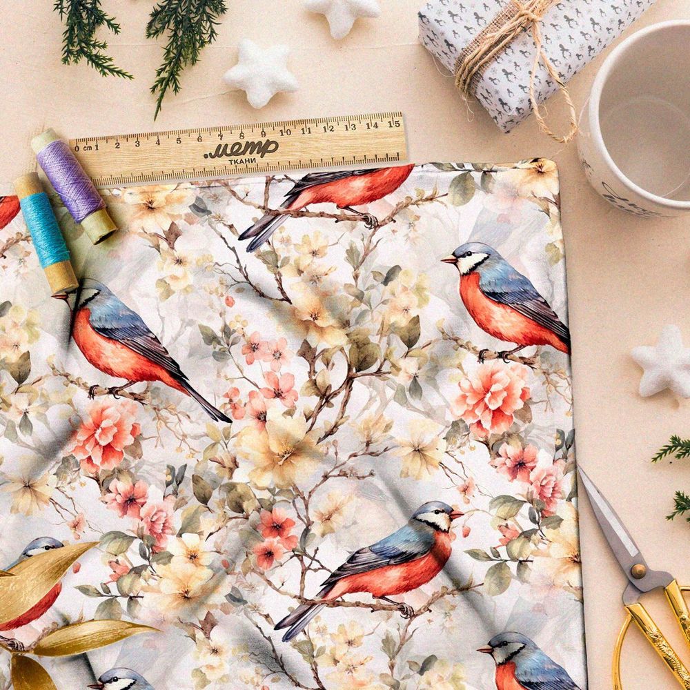 Ткань премиум мембрана птицы в цветущих ветвях
