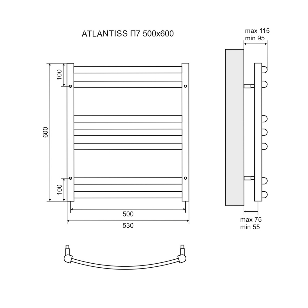 Полотенцесушитель электрический Lemark Atlantiss П7 LM32607REBL 500x600, левый/правый, черный