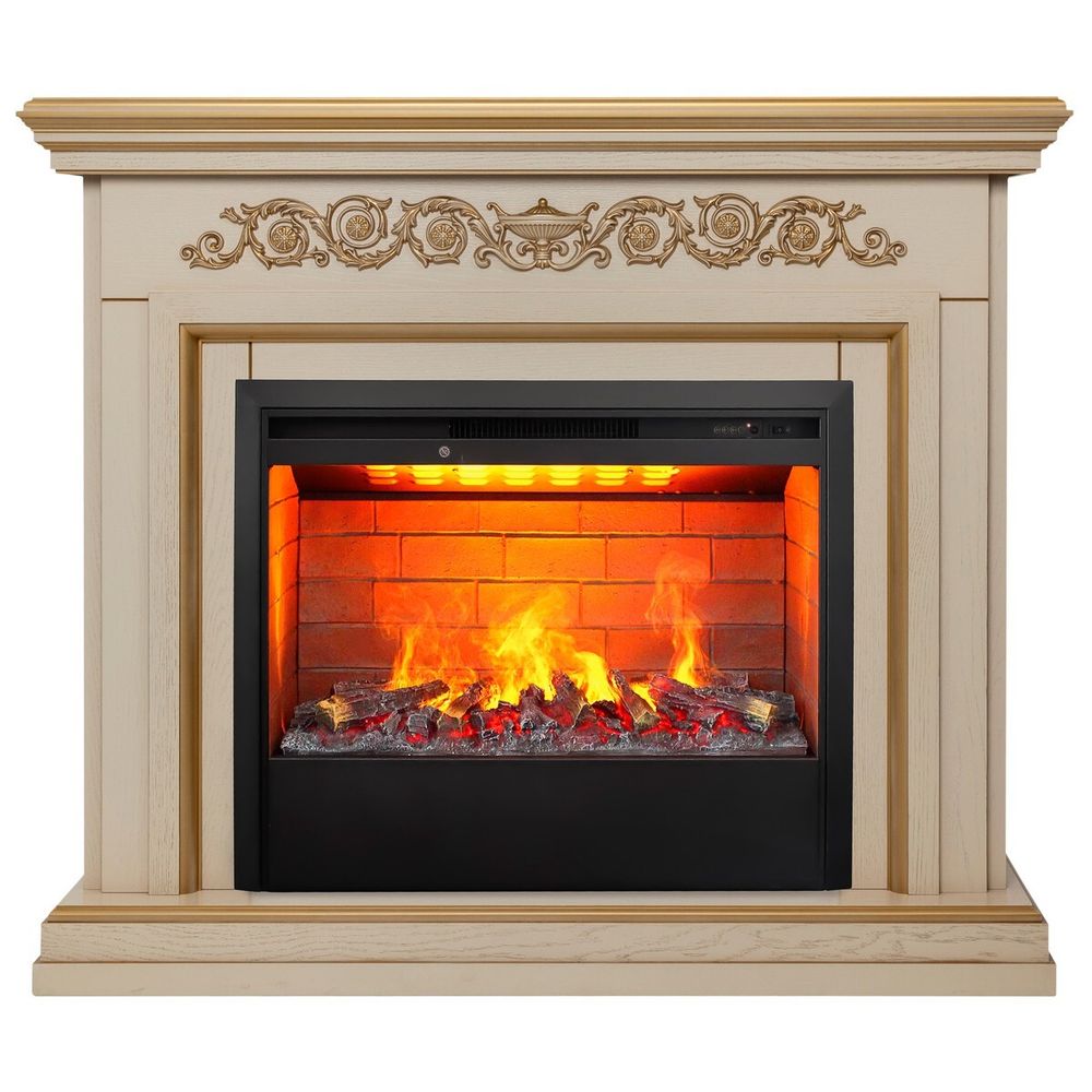 Электрокамин RealFlame Leticia 26 WT белый дуб с золотой патиной с очагом 3D Helios 26