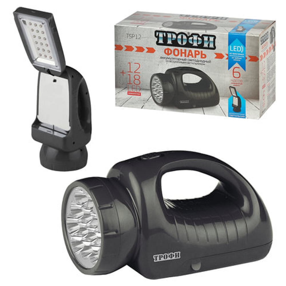 Фонарь-прожектор светодиодный ТРОФИ TSP12, 12 х LED + 18 x LED, 2 режима, аккумуляторный, заряд от 220 V
