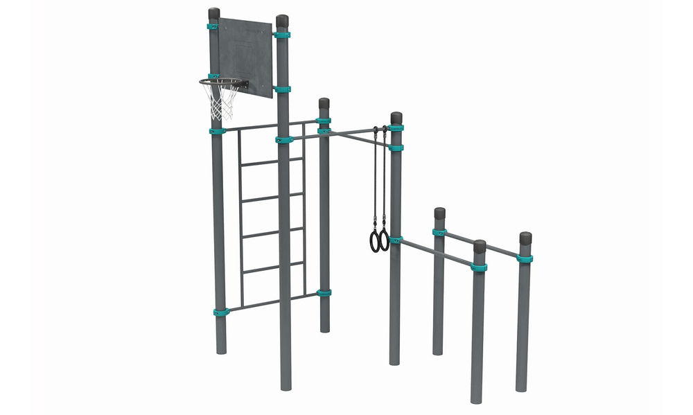 Спортивный комплекс: два турника, брусья, баскетбольный щит, кольца, шведская стенка — Сабетта