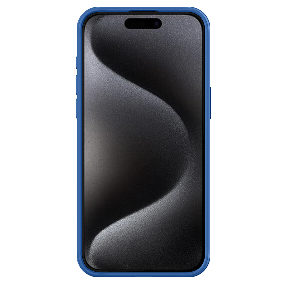 Противоударный чехол синего цвета с защитной шторкой для камеры от Nillkin на iPhone 15 Pro Max, серия CamShield Pro Case