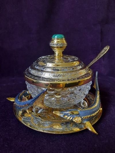 Икорница "Осётры", золото, хрусталь, никель, латунь